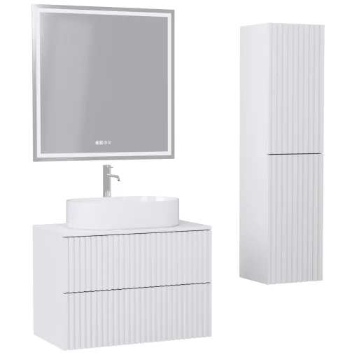 HD Rapallo Pro Matt White 60 komplett fürdőszoba bútor szett fali push-to-open mosdószekrénnyel, matt fehér mosdópulttal, tükörrel és magasszekrénnyel