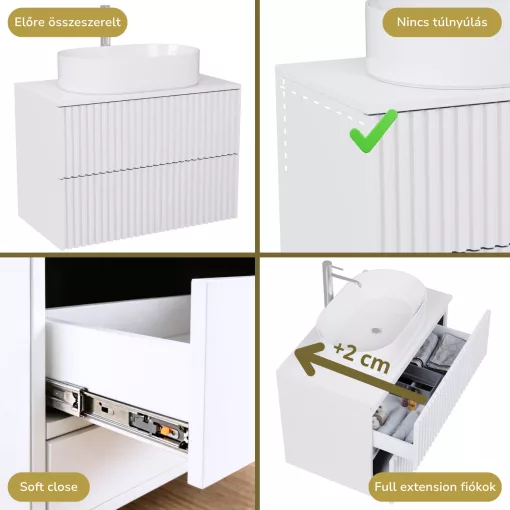 HD Rapallo Pro Matt White 60 komplett fürdőszoba bútor szett fali push-to-open mosdószekrénnyel, matt fehér mosdópulttal, tükörrel és magasszekrénnyel