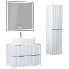   HD Turin Matt White 60/80 komplett fürdőszoba bútor szett fali mosdószekrénnyel, matt fehér mosdópulttal, tükörrel és magasszekrénnyel