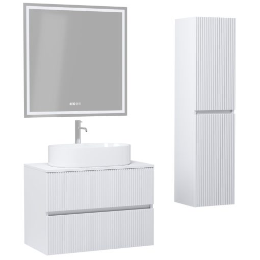 HD Turin Matt White 60/80 komplett fürdőszoba bútor szett fali mosdószekrénnyel, matt fehér mosdópulttal, tükörrel és magasszekrénnyel