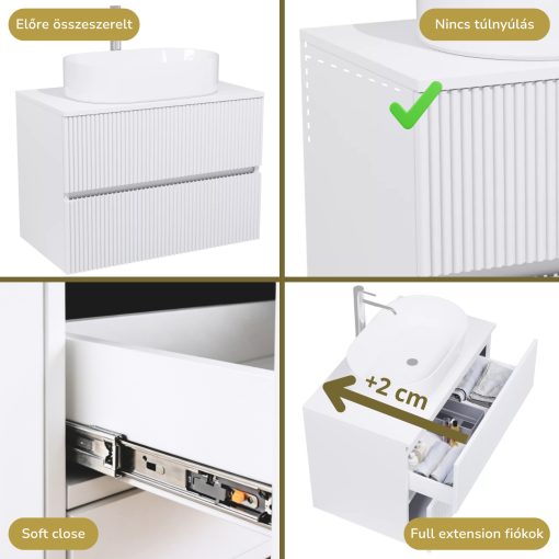 HD Turin Matt White 60/80 komplett fürdőszoba bútor szett fali mosdószekrénnyel, matt fehér mosdópulttal, tükörrel és magasszekrénnyel