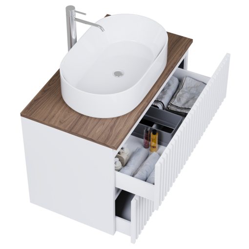 HD Rapallo Pro Matt White 60 fali mosdószekrény, push-to-open mechanizmussal, tölgyfa színű mosdópulttal