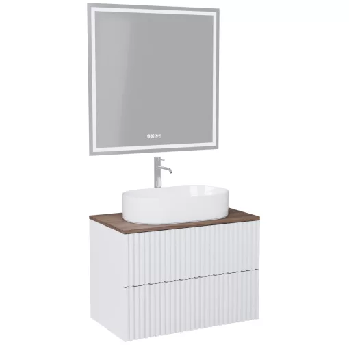 HD Rapallo Pro Matt White 60 komplett fürdőszoba bútor fali push-to-open mosdószekrénnyel, tölgyfa színű mosdópulttal és tükörrel