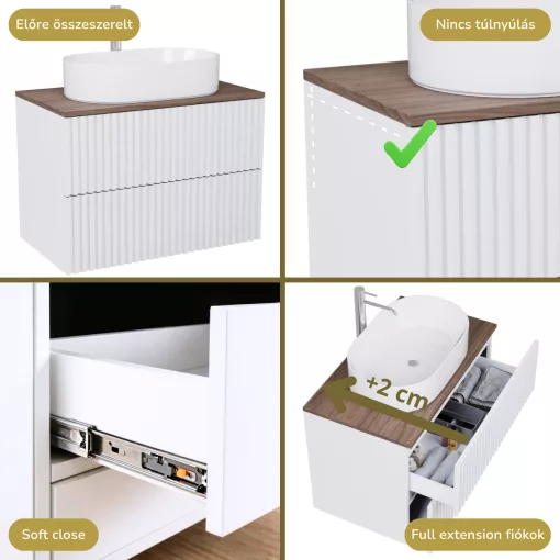 HD Rapallo Pro Matt White 60 komplett fürdőszoba bútor fali push-to-open mosdószekrénnyel, tölgyfa színű mosdópulttal és tükörrel
