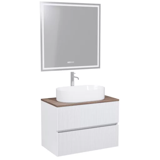 HD Turin Matt White 60 komplett fürdőszoba bútor fali mosdószekrénnyel, tölgyfa színű mosdópulttal és tükörrel