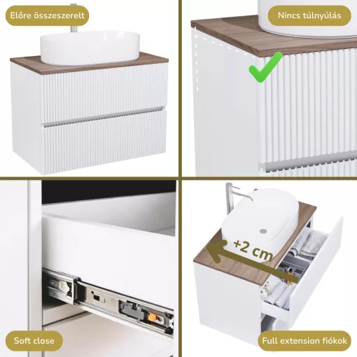 HD Turin Matt White 60 komplett fürdőszoba bútor fali mosdószekrénnyel, tölgyfa színű mosdópulttal és tükörrel