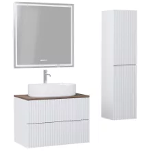 HD Rapallo Pro Matt White 60 komplett fürdőszoba bútor szett fali push-to-open mosdószekrénnyel, tölgyfa színű mosdópulttal, tükörrel és magasszekrénnyel