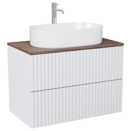 HD Rapallo Pro Matt White 60 komplett fürdőszoba bútor szett fali push-to-open mosdószekrénnyel, tölgyfa színű mosdópulttal, tükörrel és magasszekrénnyel