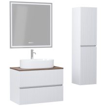 HD Turin Matt White 60 komplett fürdőszoba bútor szett fali mosdószekrénnyel, tölgyfa színű mosdópulttal, tükörrel és magasszekrénnyel