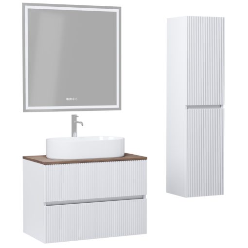 HD Turin Matt White 60 komplett fürdőszoba bútor szett fali mosdószekrénnyel, tölgyfa színű mosdópulttal, tükörrel és magasszekrénnyel