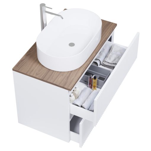 HD Turin Matt White 60 komplett fürdőszoba bútor szett fali mosdószekrénnyel, tölgyfa színű mosdópulttal, tükörrel és magasszekrénnyel