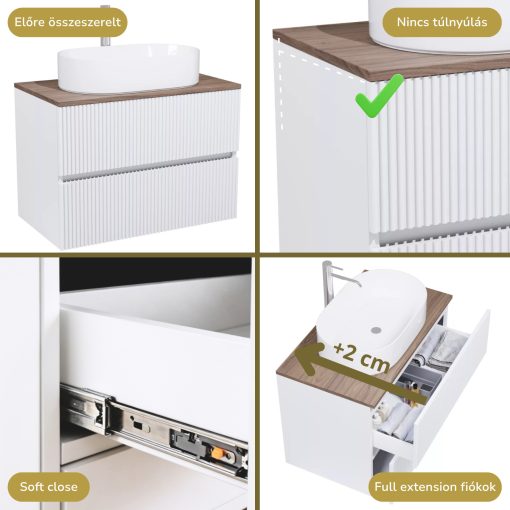 HD Turin Matt White 60 komplett fürdőszoba bútor szett fali mosdószekrénnyel, tölgyfa színű mosdópulttal, tükörrel és magasszekrénnyel