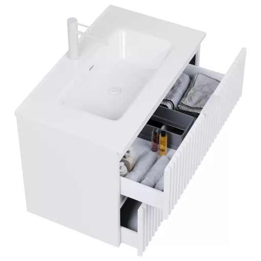 HD Ravello Matt White 60 komplett fürdőszoba bútor fali mosdószekrénnyel, matt fehér fogantyúkkal, fényes fehér slim mosdóval és tükörrel