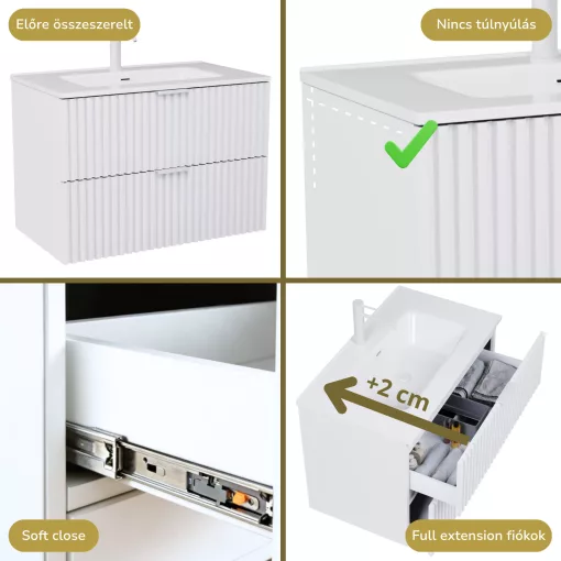 HD Ravello Matt White 60 komplett fürdőszoba bútor fali mosdószekrénnyel, matt fehér fogantyúkkal, fényes fehér slim mosdóval és tükörrel