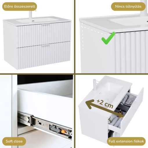 HD Ravello Matt White 60 komplett fürdőszoba bútor szett fali mosdószekrénnyel, matt fehér fogantyúkkal, fényes fehér slim mosdóval, tükörrel és magasszekrénnyel