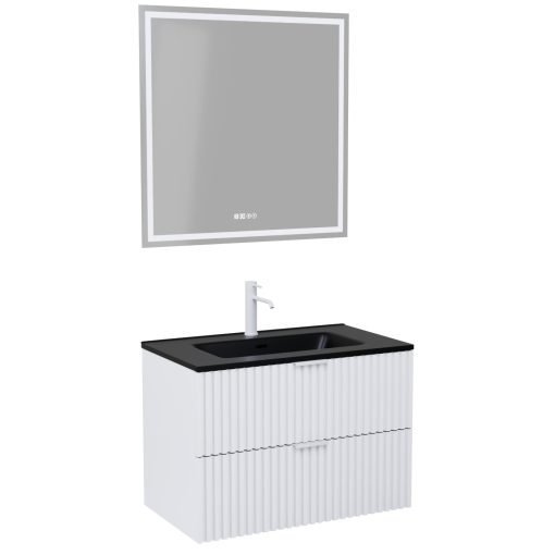 HD Ravello Matt White 60 komplett fürdőszoba bútor fali mosdószekrénnyel, matt fehér fogantyúkkal, matt fekete slim mosdóval és tükörrel