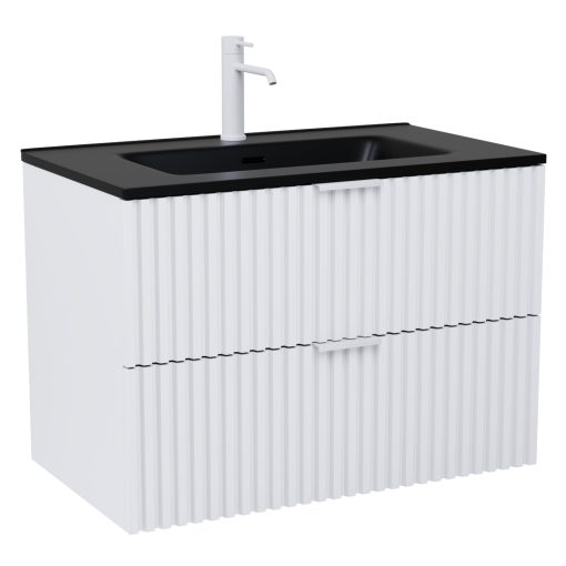 HD Ravello Matt White 60 komplett fürdőszoba bútor fali mosdószekrénnyel, matt fehér fogantyúkkal, matt fekete slim mosdóval és tükörrel