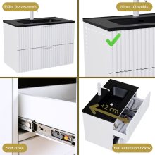 HD Ravello Matt White 60 komplett fürdőszoba bútor fali mosdószekrénnyel, matt fehér fogantyúkkal, matt fekete slim mosdóval és tükörrel