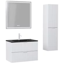 HD Ravello Matt White 60 komplett fürdőszoba bútor szett fali mosdószekrénnyel, matt fehér fogantyúkkal, matt fekete slim mosdóval, tükörrel és magasszekrénnyel