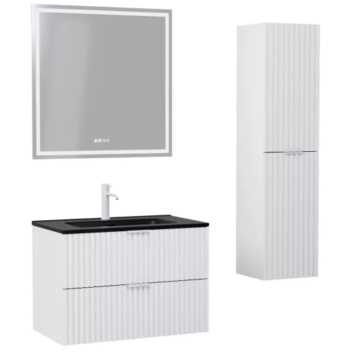HD Ravello Matt White 60 komplett fürdőszoba bútor szett fali mosdószekrénnyel, matt fehér fogantyúkkal, matt fekete slim mosdóval, tükörrel és magasszekrénnyel