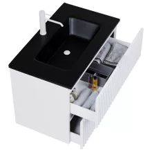 HD Ravello Matt White 60 komplett fürdőszoba bútor szett fali mosdószekrénnyel, matt fehér fogantyúkkal, matt fekete slim mosdóval, tükörrel és magasszekrénnyel