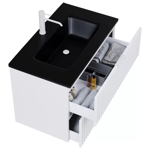 HD Ravello Matt White 60 komplett fürdőszoba bútor szett fali mosdószekrénnyel, matt fehér fogantyúkkal, matt fekete slim mosdóval, tükörrel és magasszekrénnyel