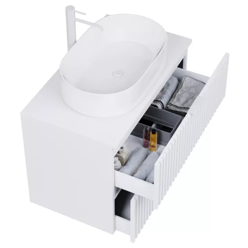 HD Rapallo Matt White 60 komplett fürdőszoba bútor fali mosdószekrénnyel, matt fehér fogantyúkkal, matt fehér mosdópulttal és tükörrel