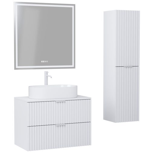 HD Rapallo Matt White 60 komplett fürdőszoba bútor szett fali mosdószekrénnyel, matt fehér fogantyúval, matt fehér mosdópulttal, tükörrel és magasszekrénnyel