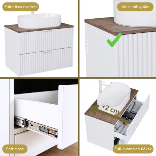 HD Rapallo Matt White 60 fali mosdószekrény tölgyfa színű mosdópulttal és matt fehér fogantyúkkal