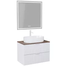 HD Rapallo Matt White 60 komplett fürdőszoba bútor fali mosdószekrénnyel, matt fehér fogantyúkkal, tölgyfa színű mosdópulttal és tükörrel