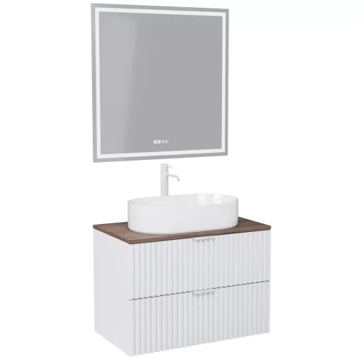 HD Rapallo Matt White 60 komplett fürdőszoba bútor fali mosdószekrénnyel, matt fehér fogantyúkkal, tölgyfa színű mosdópulttal és tükörrel