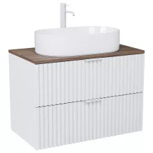 HD Rapallo Matt White 60 komplett fürdőszoba bútor fali mosdószekrénnyel, matt fehér fogantyúkkal, tölgyfa színű mosdópulttal és tükörrel