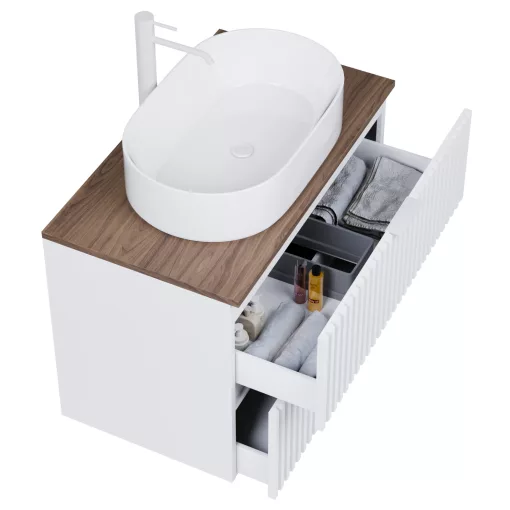 HD Rapallo Matt White 60 komplett fürdőszoba bútor fali mosdószekrénnyel, matt fehér fogantyúkkal, tölgyfa színű mosdópulttal és tükörrel