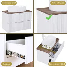 HD Rapallo Matt White 60 komplett fürdőszoba bútor fali mosdószekrénnyel, matt fehér fogantyúkkal, tölgyfa színű mosdópulttal és tükörrel