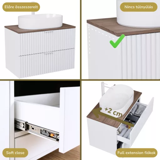 HD Rapallo Matt White 60 komplett fürdőszoba bútor fali mosdószekrénnyel, matt fehér fogantyúkkal, tölgyfa színű mosdópulttal és tükörrel