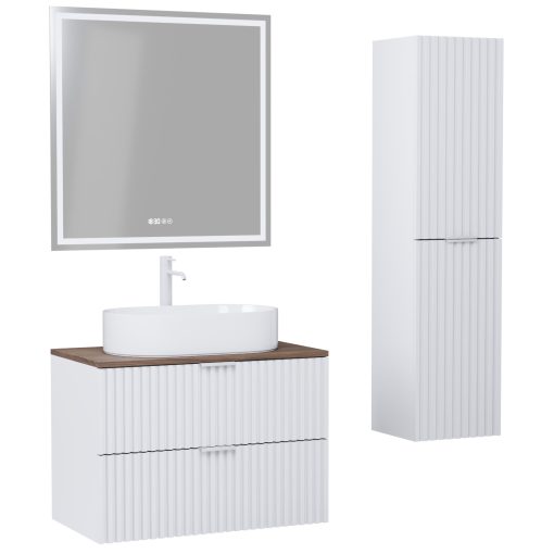 HD Rapallo Matt White 60 komplett fürdőszoba bútor szett fali mosdószekrénnyel, matt fehér fogantyúval, tölgyfa színű mosdópulttal, tükörrel és magasszekrénnyel
