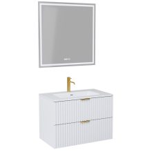 HD Ravello Matt White 60 komplett fürdőszoba bútor fali mosdószekrénnyel, szálcsiszolt arany fogantyúkkal, fényes fehér slim mosdóval és tükörrel