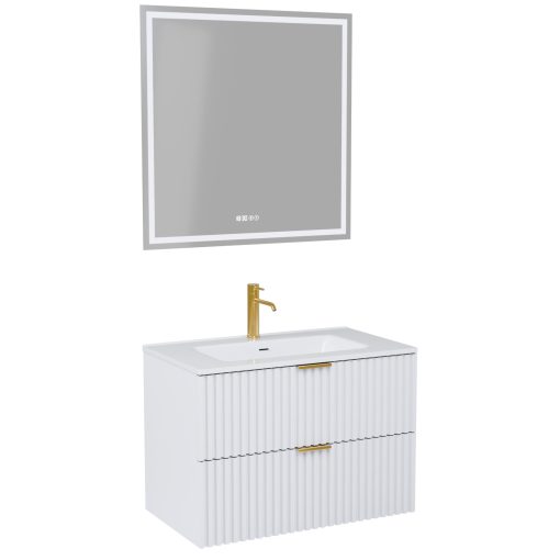 HD Ravello Matt White 60 komplett fürdőszoba bútor fali mosdószekrénnyel, szálcsiszolt arany fogantyúkkal, fényes fehér slim mosdóval és tükörrel