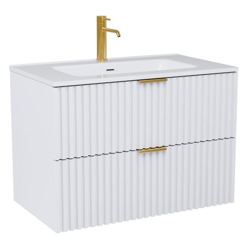 HD Ravello Matt White 60 komplett fürdőszoba bútor fali mosdószekrénnyel, szálcsiszolt arany fogantyúkkal, fényes fehér slim mosdóval és tükörrel