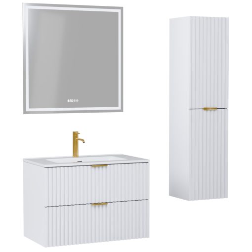 HD Ravello Matt White 60 komplett fürdőszoba bútor szett fali mosdószekrénnyel, szálcsiszolt arany fogantyúkkal, fényes fehér slim mosdóval, tükörrel és magasszekrénnyel