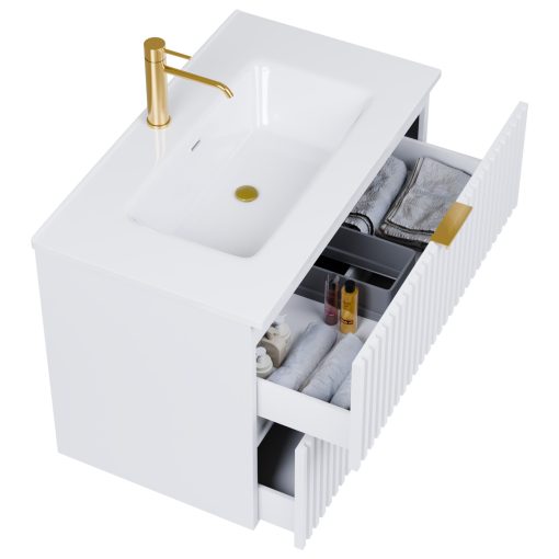 HD Ravello Matt White 60 komplett fürdőszoba bútor szett fali mosdószekrénnyel, szálcsiszolt arany fogantyúkkal, fényes fehér slim mosdóval, tükörrel és magasszekrénnyel