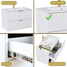 HD Ravello Matt White 60 komplett fürdőszoba bútor szett fali mosdószekrénnyel, szálcsiszolt arany fogantyúkkal, fényes fehér slim mosdóval, tükörrel és magasszekrénnyel