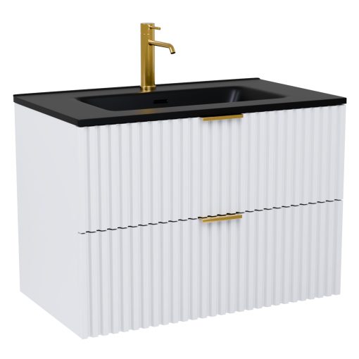 HD Ravello Matt White 60 fali mosdószekrény szálcsiszolt arany fogantyúkkal és matt fekete slim mosdóval