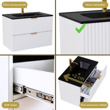 HD Ravello Matt White 60 fali mosdószekrény szálcsiszolt arany fogantyúkkal és matt fekete slim mosdóval