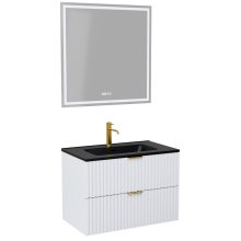 HD Ravello Matt White 60 komplett fürdőszoba bútor fali mosdószekrénnyel, szálcsiszolt arany fogantyúkkal, matt fekete slim mosdóval és tükörrel