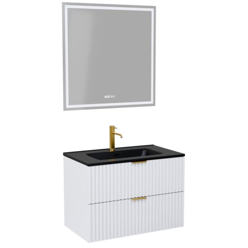 HD Ravello Matt White 60 komplett fürdőszoba bútor fali mosdószekrénnyel, szálcsiszolt arany fogantyúkkal, matt fekete slim mosdóval és tükörrel