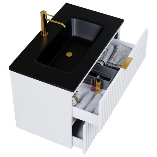 HD Ravello Matt White 60 komplett fürdőszoba bútor fali mosdószekrénnyel, szálcsiszolt arany fogantyúkkal, matt fekete slim mosdóval és tükörrel