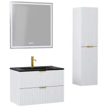 HD Ravello Matt White 60 komplett fürdőszoba bútor szett fali mosdószekrénnyel, szálcsiszolt arany fogantyúkkal, matt fekete slim mosdóval, tükörrel és magasszekrénnyel