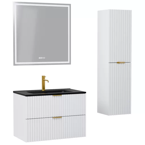 HD Ravello Matt White 60 komplett fürdőszoba bútor szett fali mosdószekrénnyel, szálcsiszolt arany fogantyúkkal, matt fekete slim mosdóval, tükörrel és magasszekrénnyel