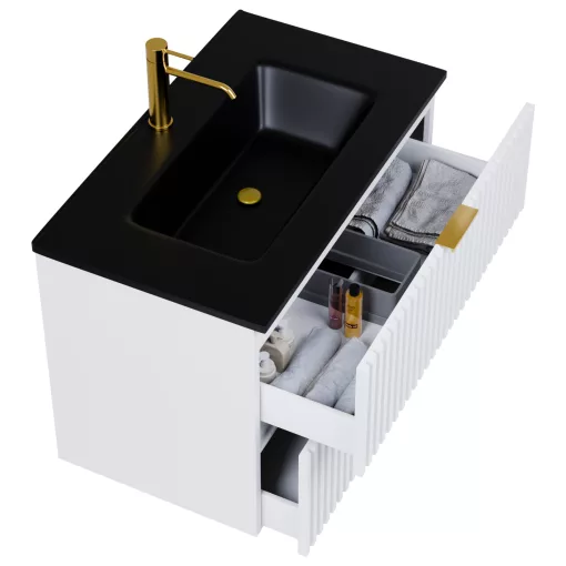 HD Ravello Matt White 60 komplett fürdőszoba bútor szett fali mosdószekrénnyel, szálcsiszolt arany fogantyúkkal, matt fekete slim mosdóval, tükörrel és magasszekrénnyel